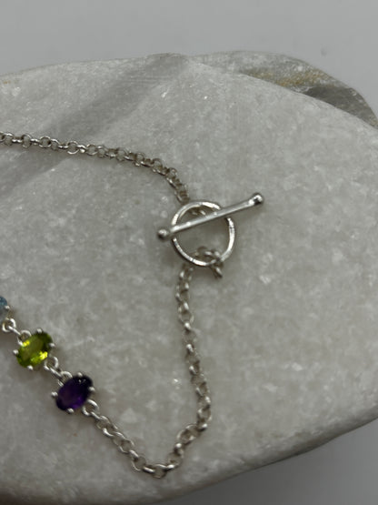 925 Sterling Silver Multi Gem T-Bar Bracelet - including amethyst, peridot, citrine, garnet and topaz