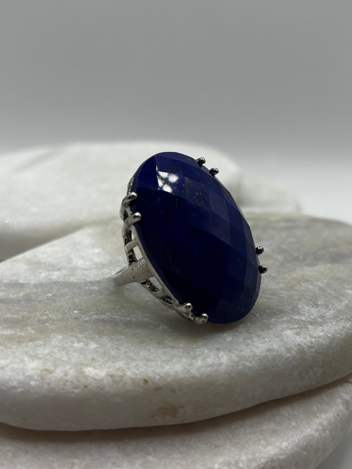 Vintage 925 Sterling Silver Lapis Lazuli Faceted Statement Ring - Size Q