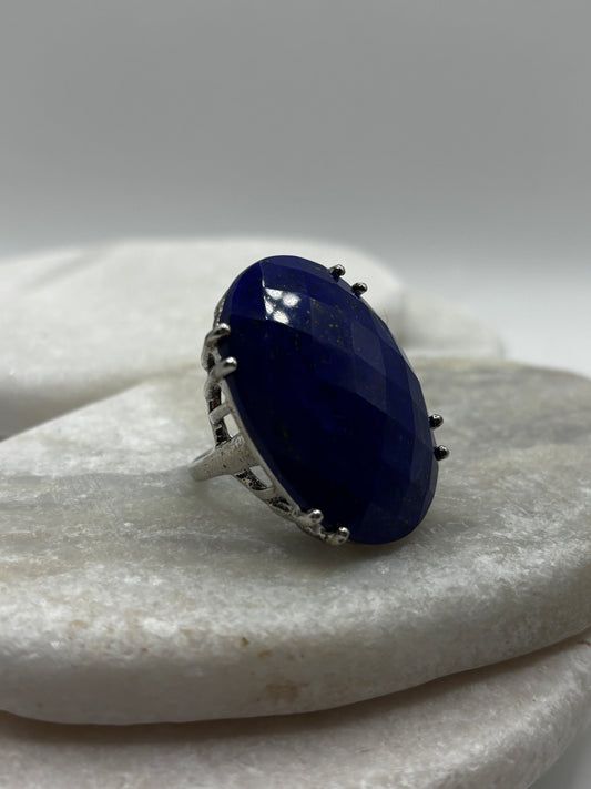 Vintage 925 Sterling Silver Lapis Lazuli Faceted Statement Ring - Size Q