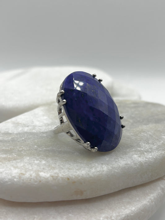 Vintage 925 Sterling Silver Lapis Lazuli Faceted Statement Ring - Size Q