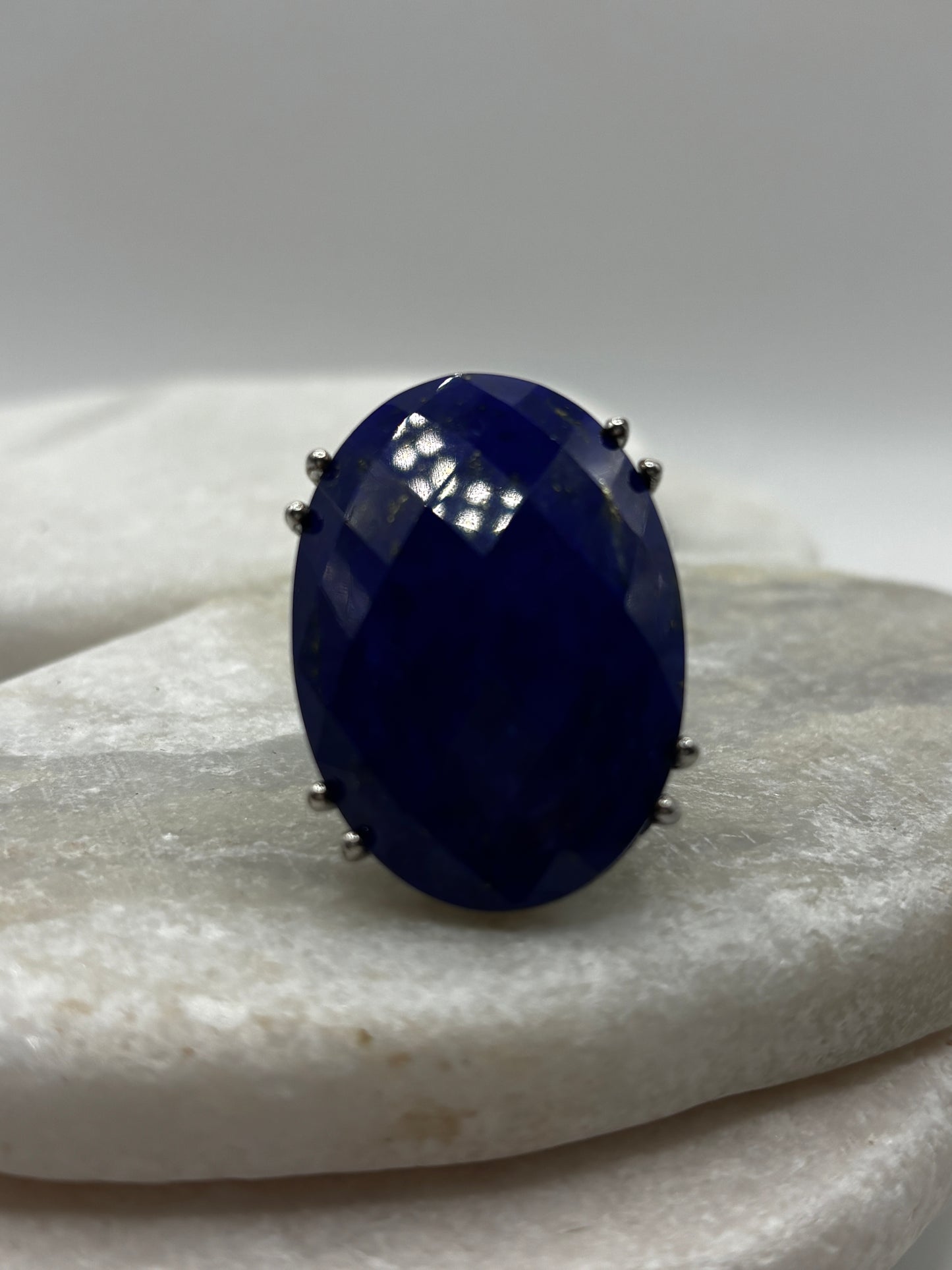 Vintage 925 Sterling Silver Lapis Lazuli Faceted Statement Ring - Size Q