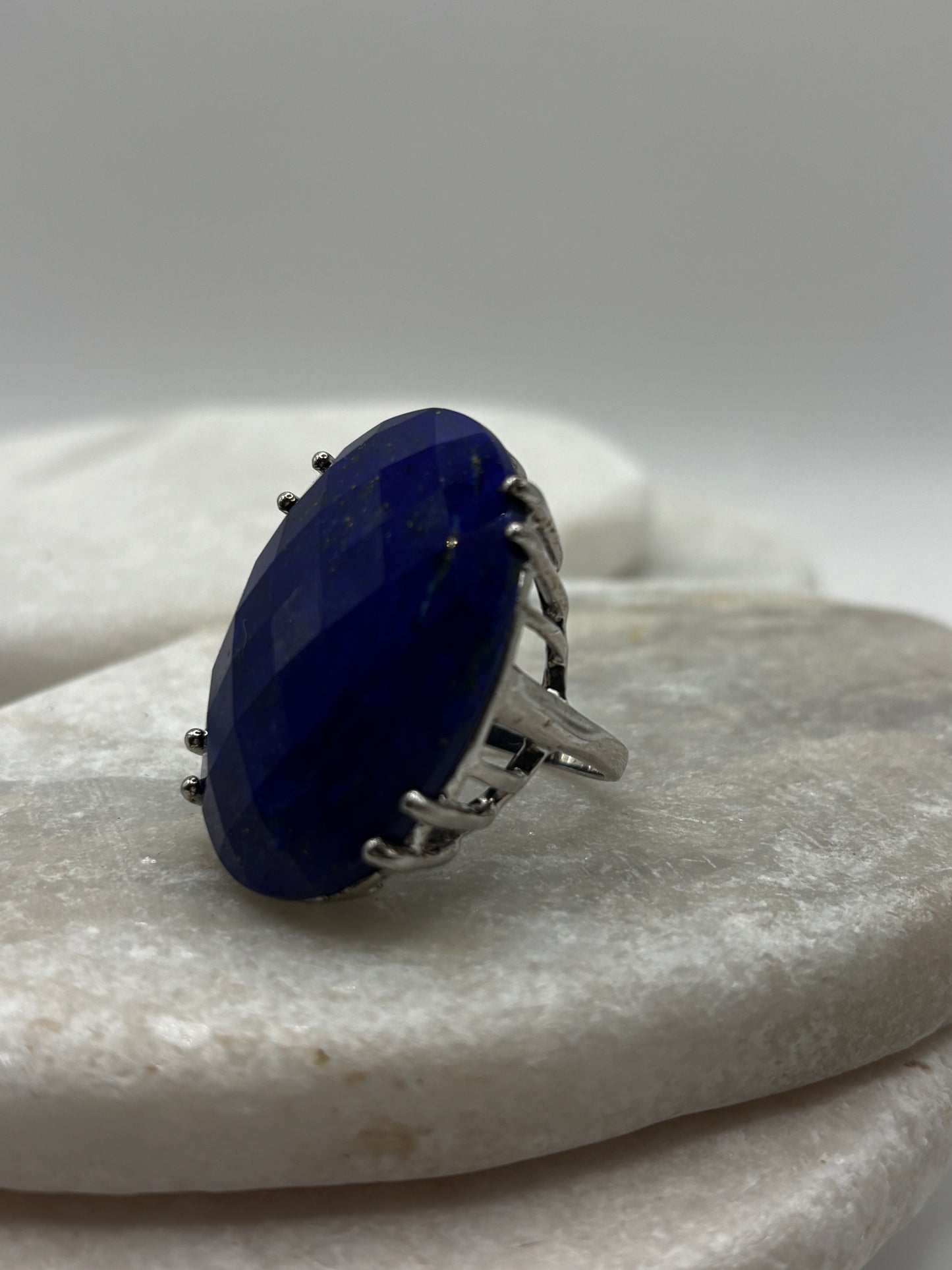 Vintage 925 Sterling Silver Lapis Lazuli Faceted Statement Ring - Size Q