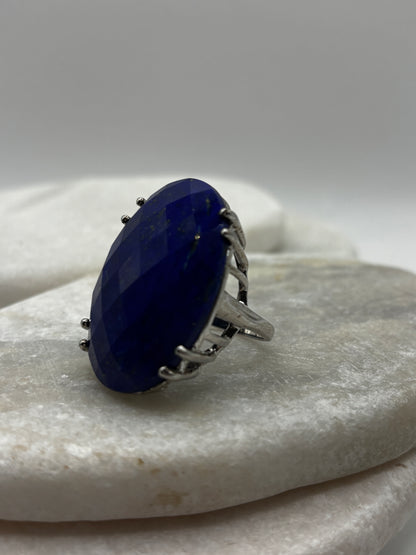 Vintage 925 Sterling Silver Lapis Lazuli Faceted Statement Ring - Size Q