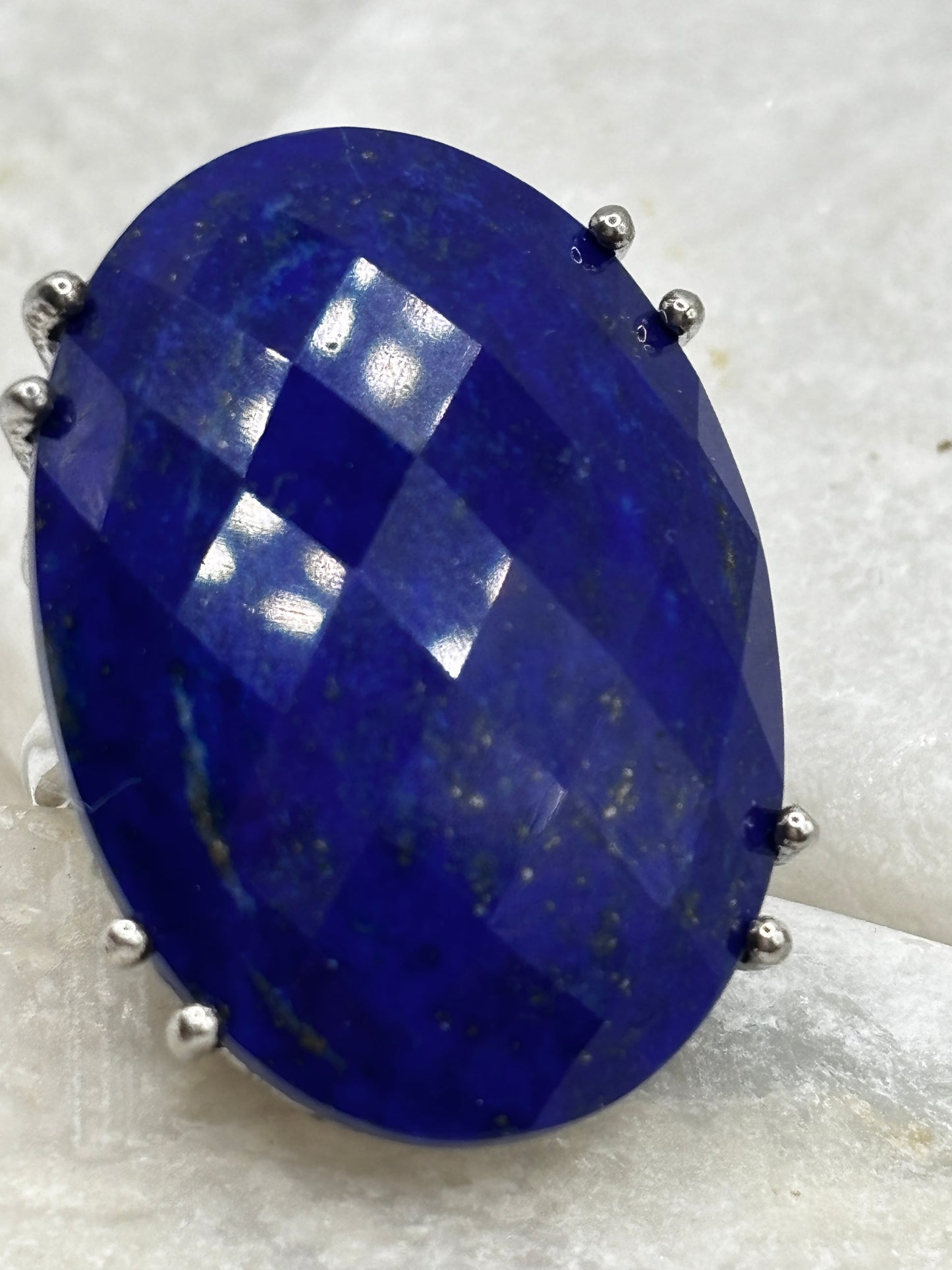 Vintage 925 Sterling Silver Lapis Lazuli Faceted Statement Ring - Size Q