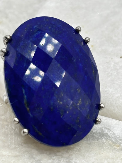 Vintage 925 Sterling Silver Lapis Lazuli Faceted Statement Ring - Size Q