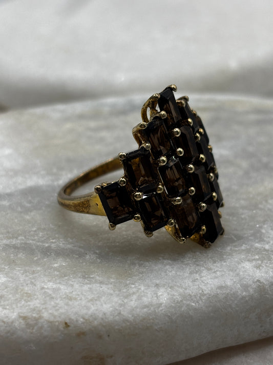925 Sterling Silver Gilded Smoky Quartz Cluster Ring - Size Q