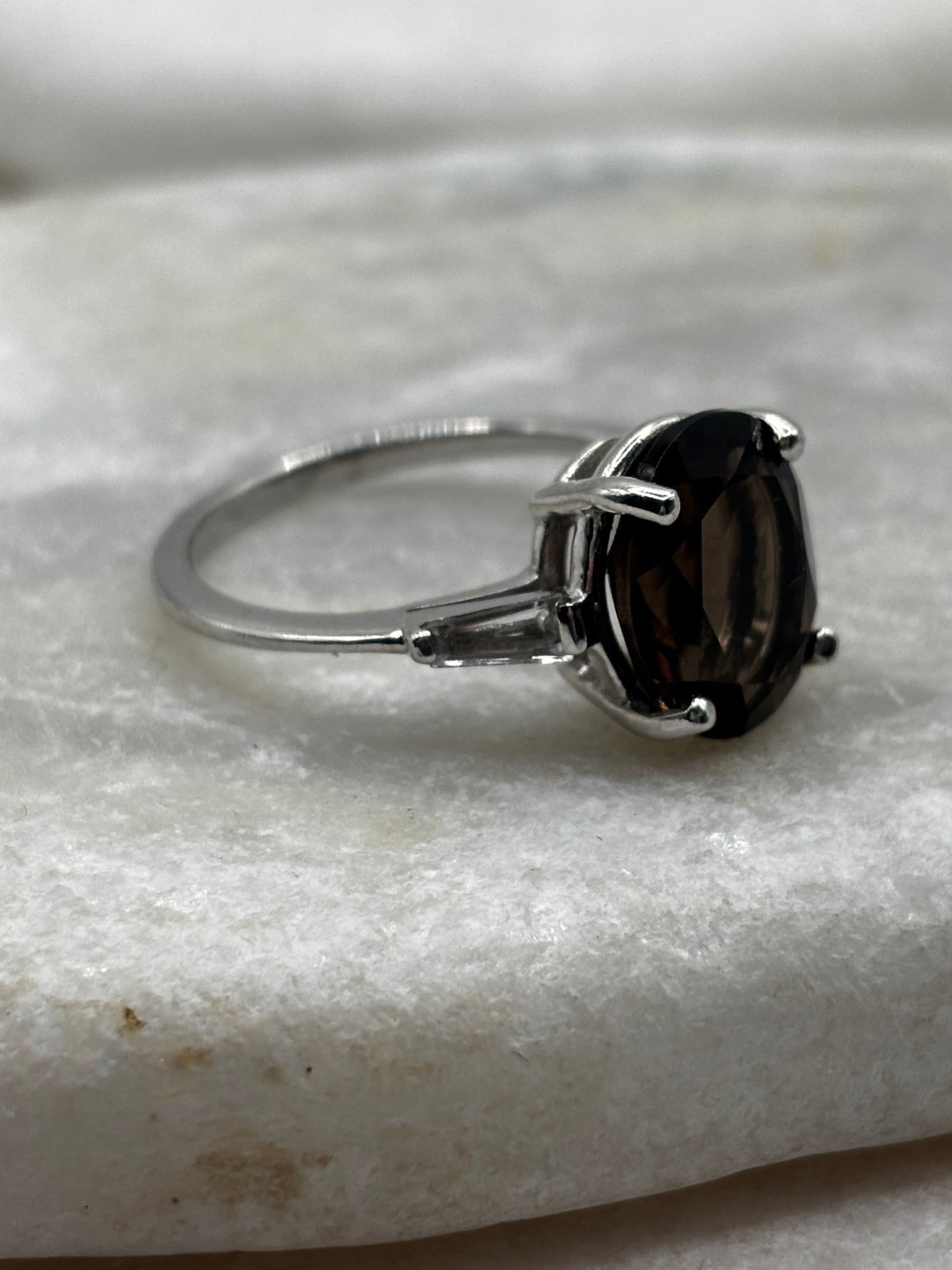 925 Sterling Silver Faceted Smoky Quartz and White Zircon Trilogy Ring - Size P.5
