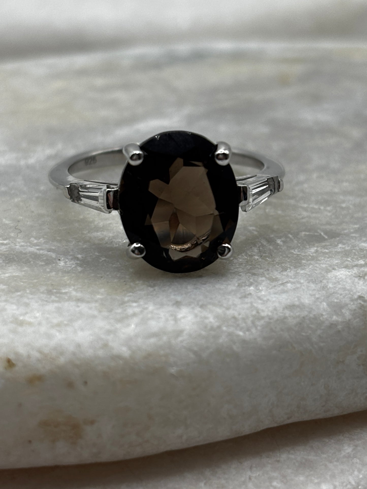 925 Sterling Silver Faceted Smoky Quartz and White Zircon Trilogy Ring - Size P.5