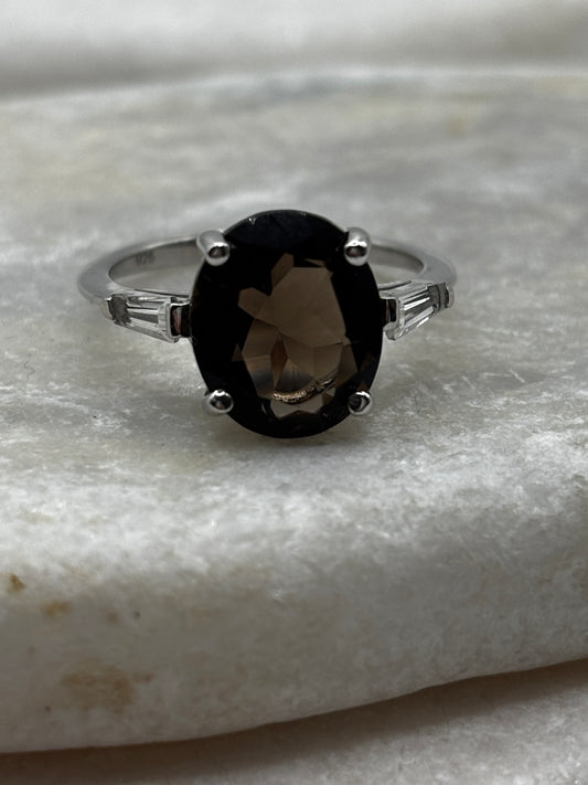 925 Sterling Silver Faceted Smoky Quartz and White Zircon Trilogy Ring - Size P.5
