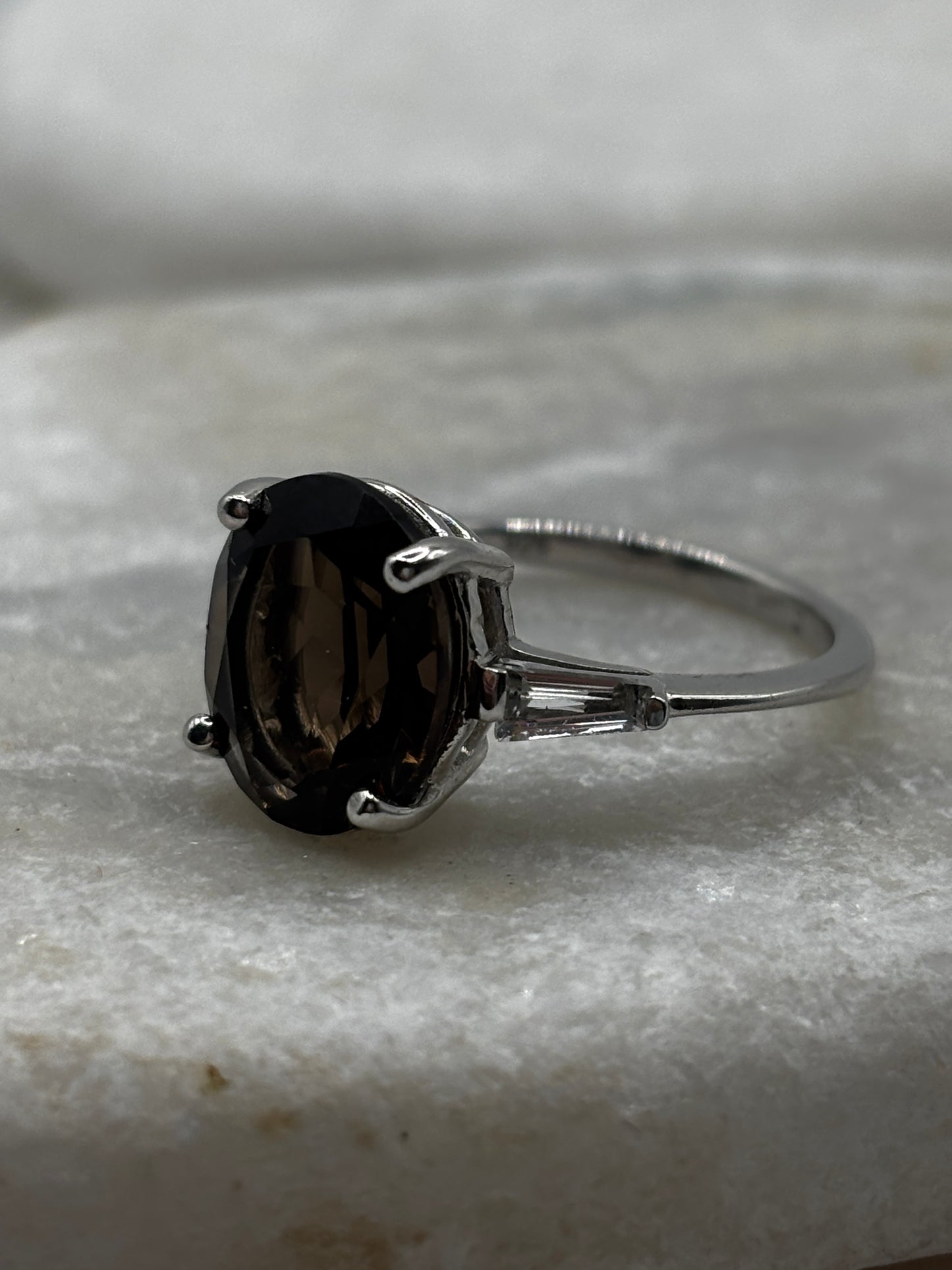 925 Sterling Silver Faceted Smoky Quartz and White Zircon Trilogy Ring - Size P.5