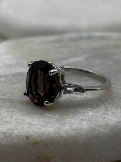 925 Sterling Silver Faceted Smoky Quartz and White Zircon Trilogy Ring - Size P.5
