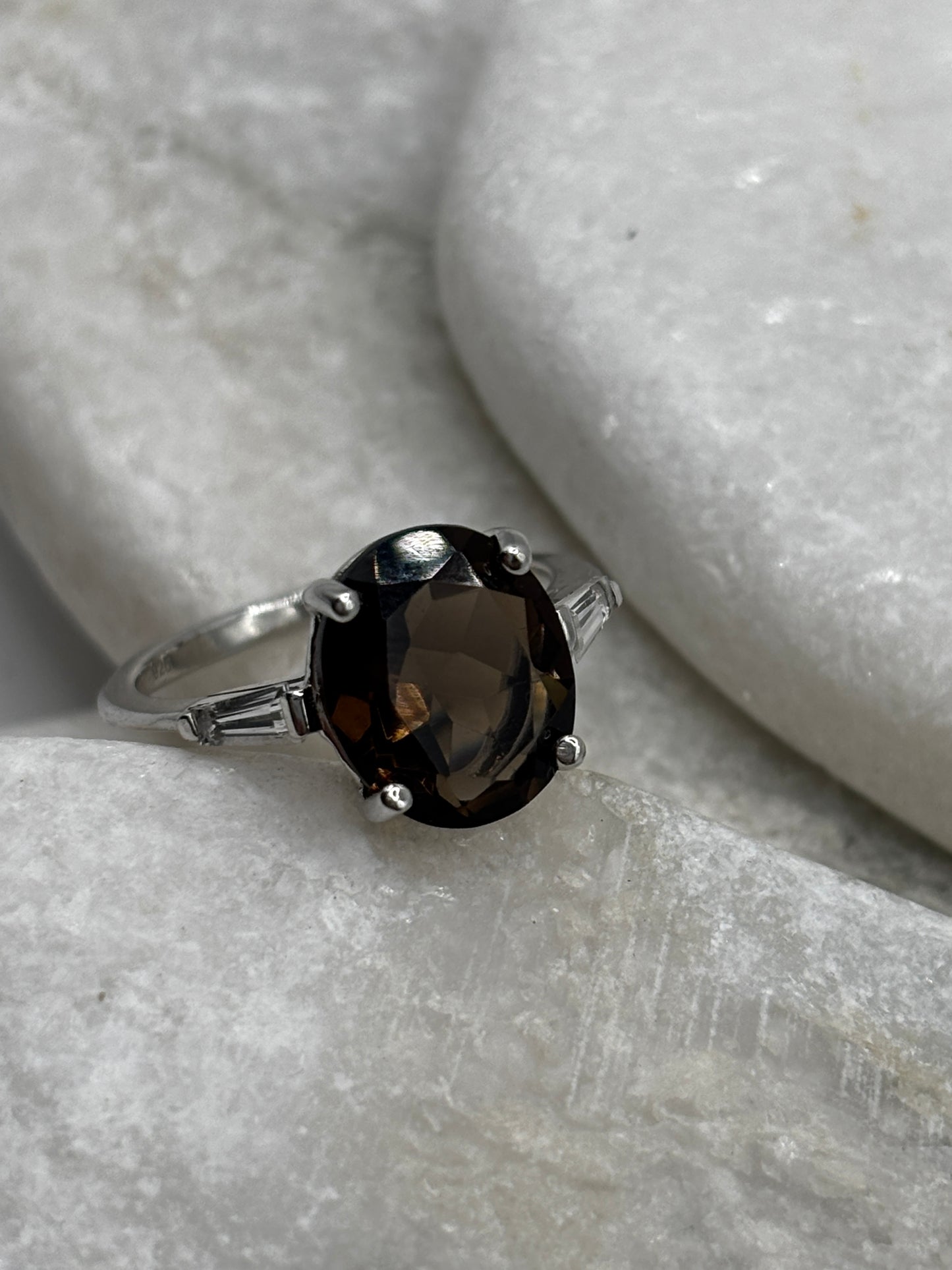 925 Sterling Silver Faceted Smoky Quartz and White Zircon Trilogy Ring - Size P.5