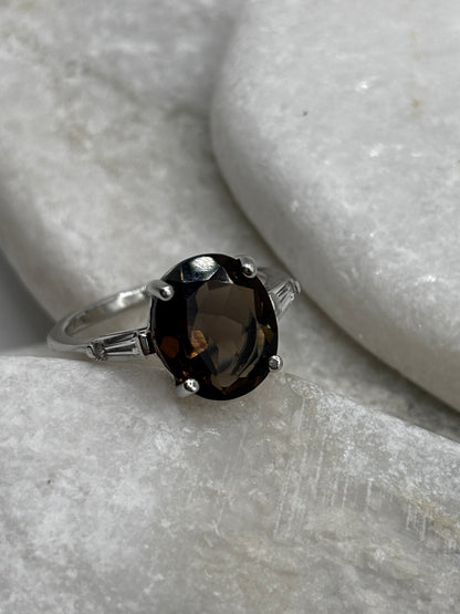 925 Sterling Silver Faceted Smoky Quartz and White Zircon Trilogy Ring - Size P.5