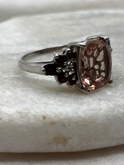 925 Sterling Silver Pink Quartz and Garnet Statement Ring - Size R