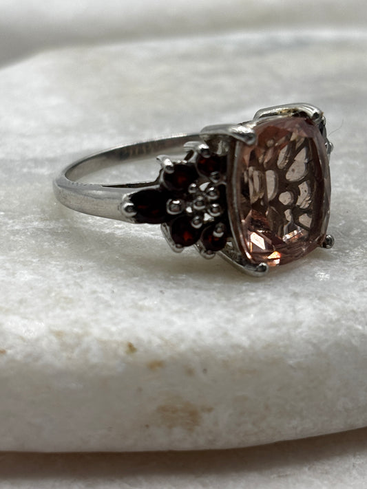 925 Sterling Silver Pink Quartz and Garnet Statement Ring - Size R