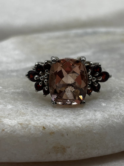 925 Sterling Silver Pink Quartz and Garnet Statement Ring - Size R