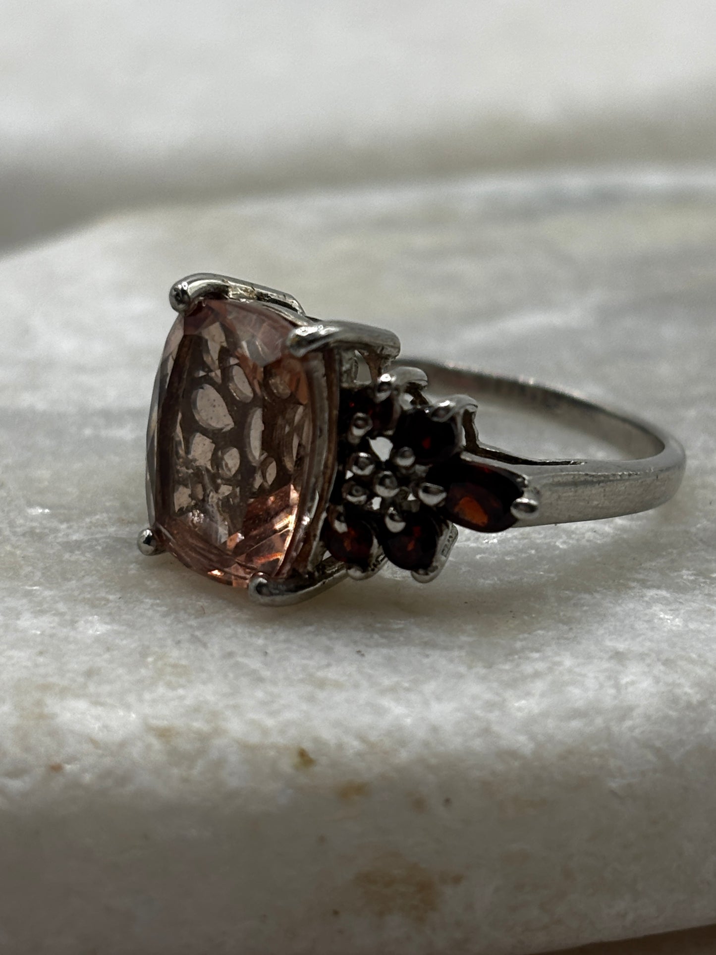 925 Sterling Silver Pink Quartz and Garnet Statement Ring - Size R