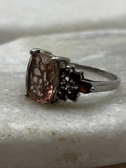 925 Sterling Silver Pink Quartz and Garnet Statement Ring - Size R