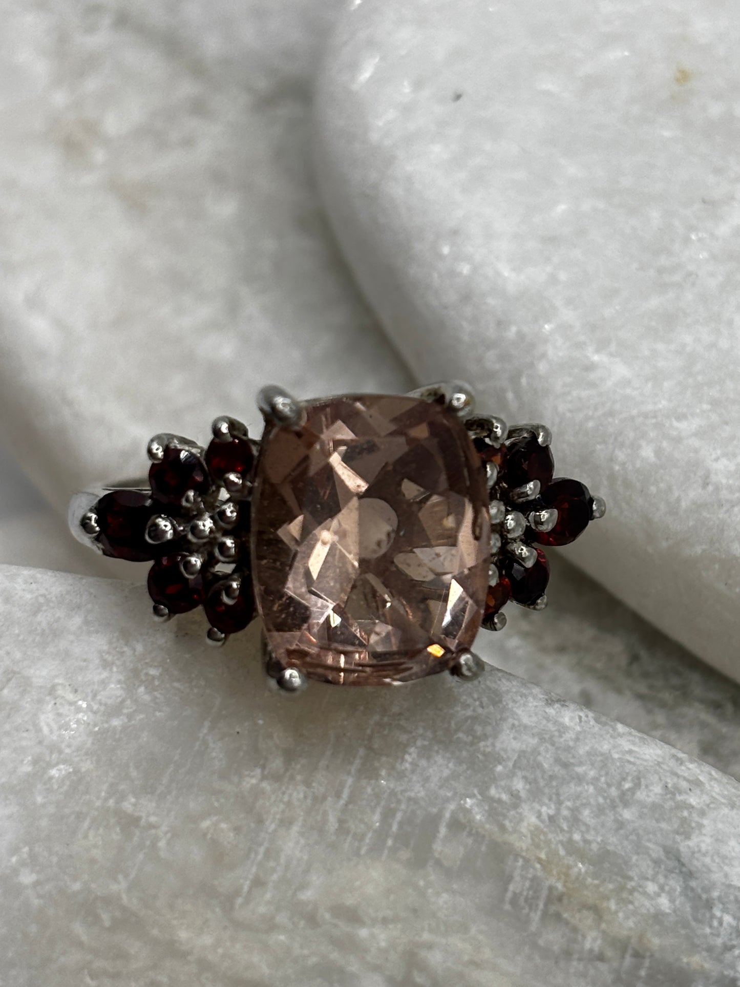 925 Sterling Silver Pink Quartz and Garnet Statement Ring - Size R