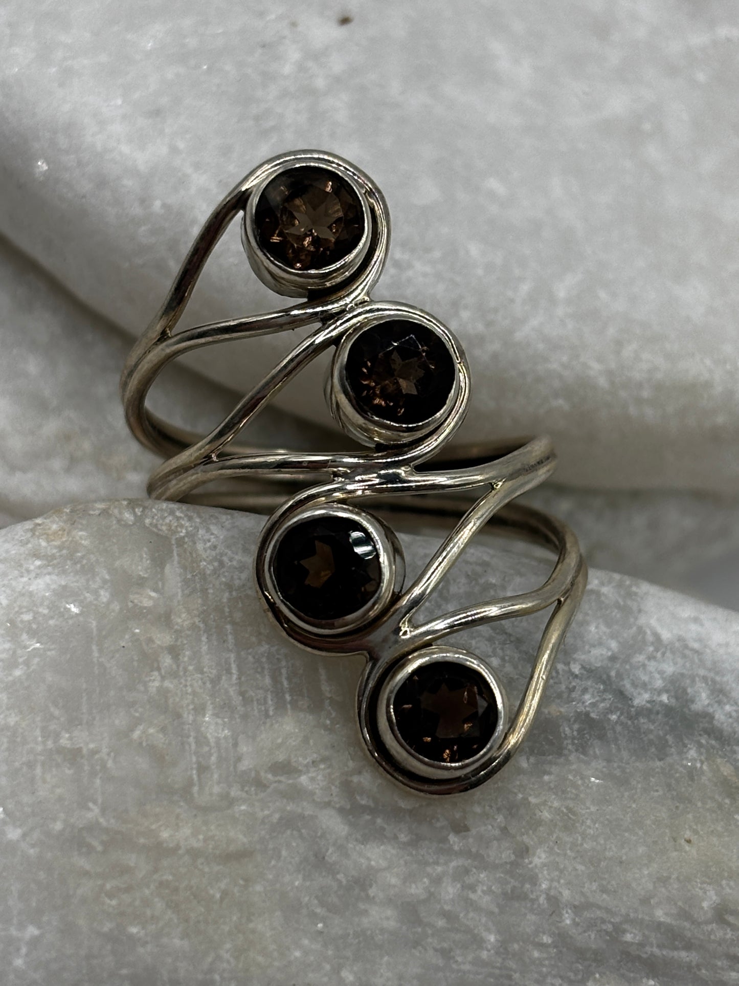 Vintage 925 Sterling Silver Smoky Quartz Four Stone Cluster Ring - Size R