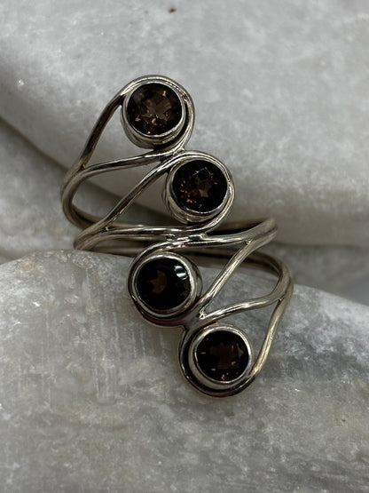 Vintage 925 Sterling Silver Smoky Quartz Four Stone Cluster Ring - Size R