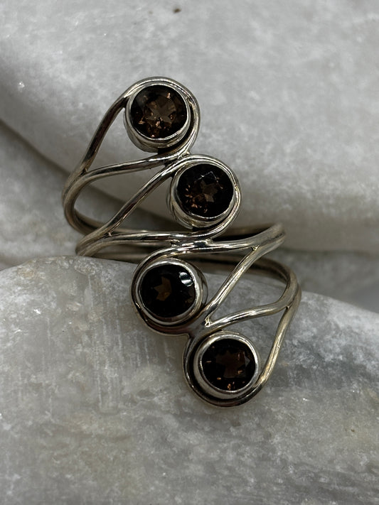 Vintage 925 Sterling Silver Smoky Quartz Four Stone Cluster Ring - Size R