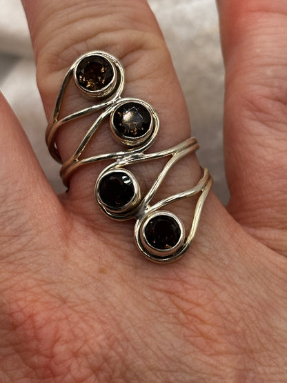 Vintage 925 Sterling Silver Smoky Quartz Four Stone Cluster Ring - Size R