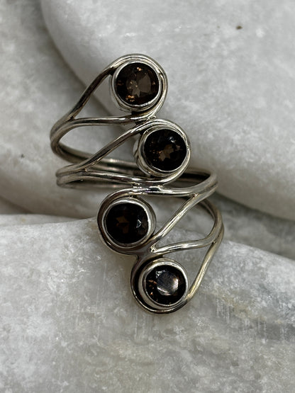 Vintage 925 Sterling Silver Smoky Quartz Four Stone Cluster Ring - Size R