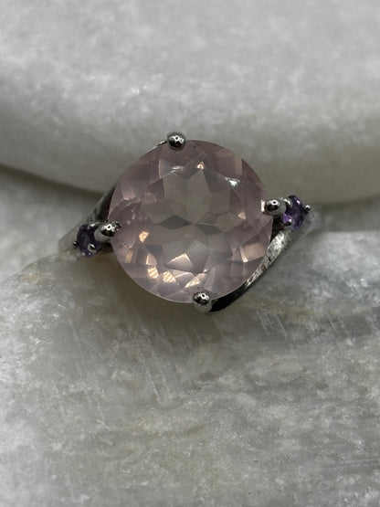 925 Sterling Silver Faceted Rose Quartz and Tanzanite Statement Ring - Size Q