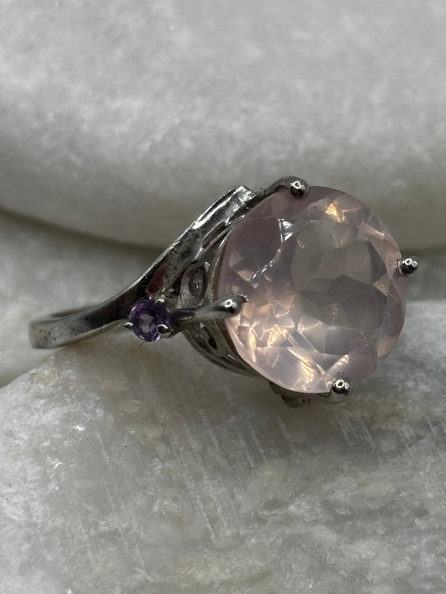 925 Sterling Silver Faceted Rose Quartz and Tanzanite Statement Ring - Size Q