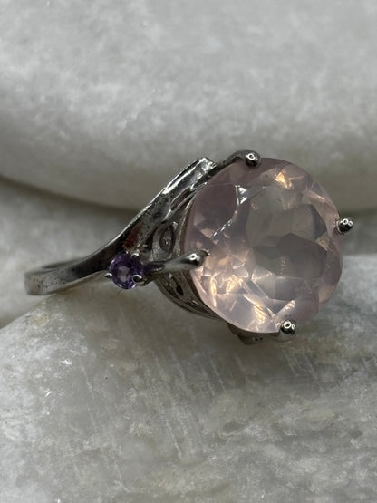 925 Sterling Silver Faceted Rose Quartz and Tanzanite Statement Ring - Size Q