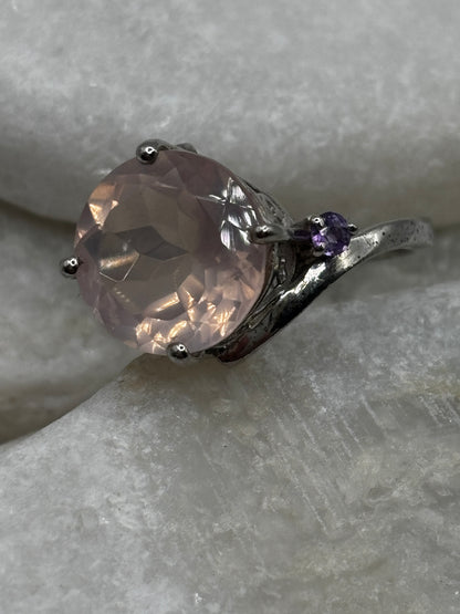 925 Sterling Silver Faceted Rose Quartz and Tanzanite Statement Ring - Size Q