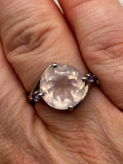 925 Sterling Silver Faceted Rose Quartz and Tanzanite Statement Ring - Size Q