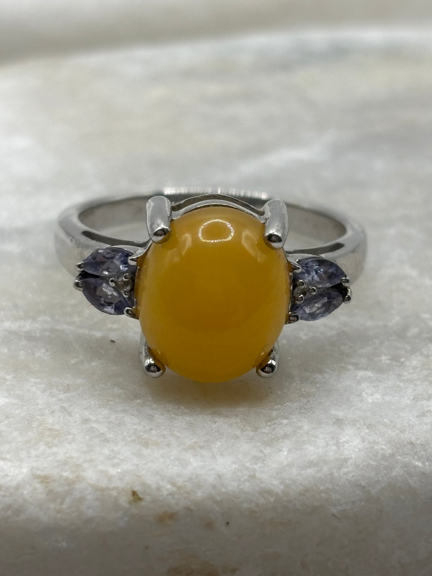 925 Sterling Silver Opal and Tanzanite Trilogy Ring - Size S