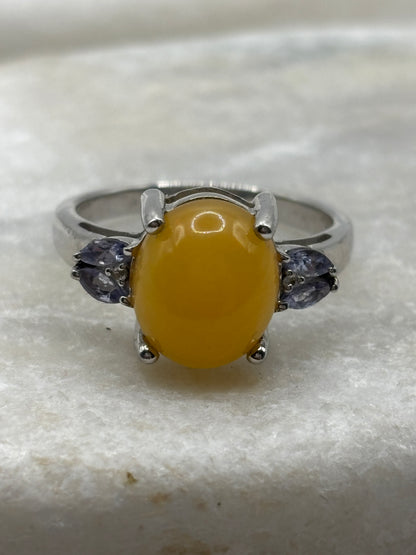 925 Sterling Silver Opal and Tanzanite Trilogy Ring - Size S