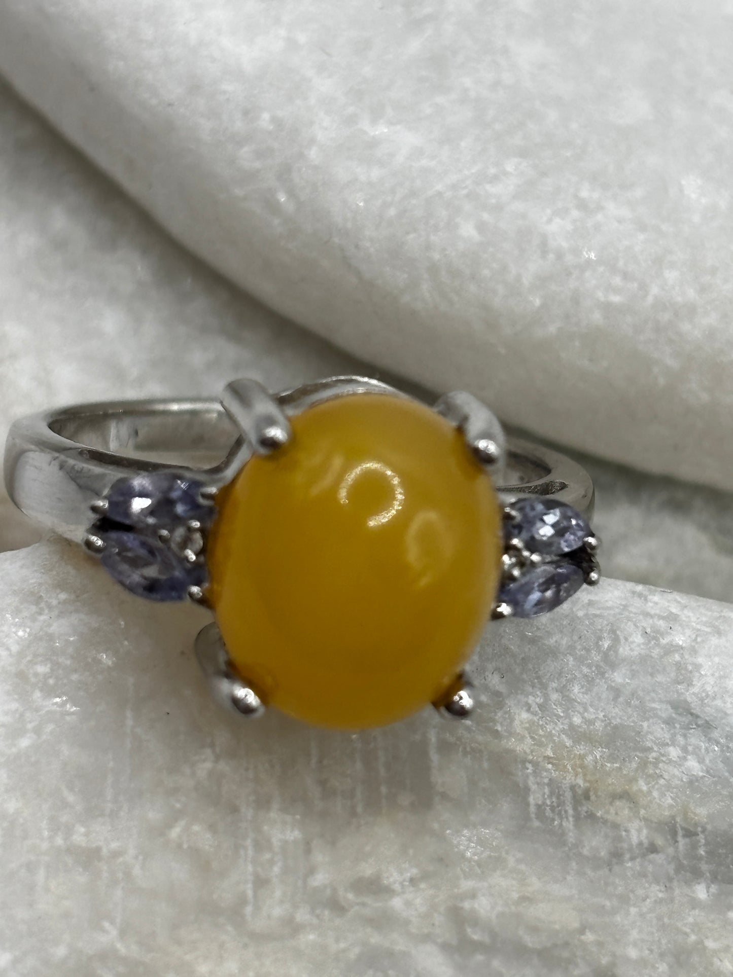 925 Sterling Silver Opal and Tanzanite Trilogy Ring - Size S