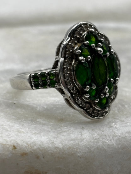 Vintage 925 Sterling Silver Chrome Diopside and Diamond Cluster Ring - Size R
