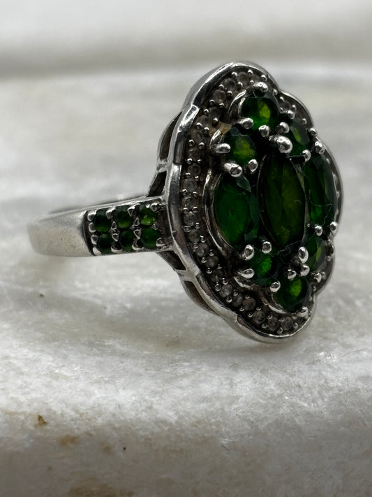 Vintage 925 Sterling Silver Chrome Diopside and Diamond Cluster Ring - Size R