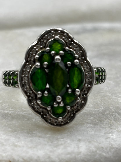 Vintage 925 Sterling Silver Chrome Diopside and Diamond Cluster Ring - Size R