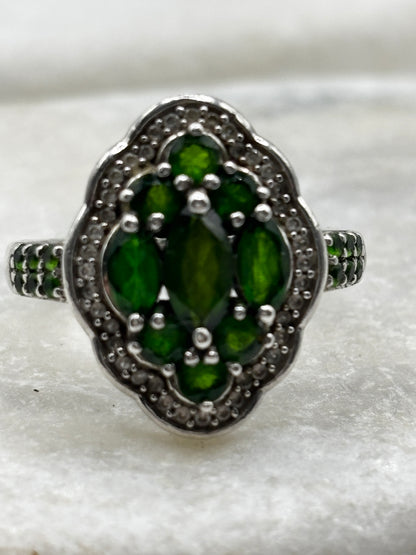 Vintage 925 Sterling Silver Chrome Diopside and Diamond Cluster Ring - Size R