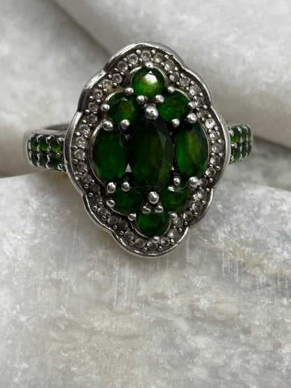 Vintage 925 Sterling Silver Chrome Diopside and Diamond Cluster Ring - Size R