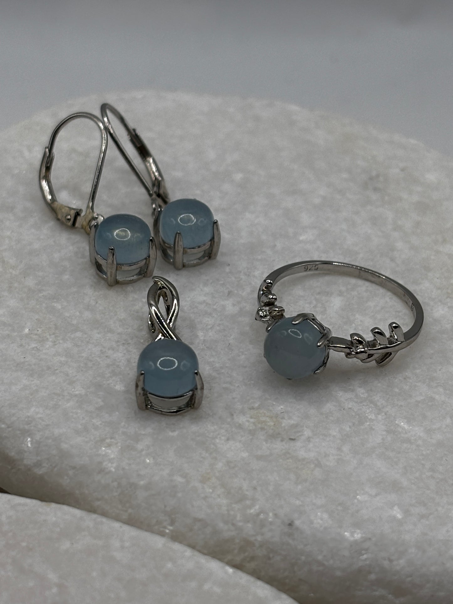Genuine 925 Sterling Silver Aquamarine Set - Ring, Earrings & Pendant