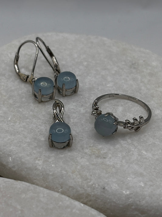 Genuine 925 Sterling Silver Aquamarine Set - Ring (SIZE O) , Earrings & Pendant