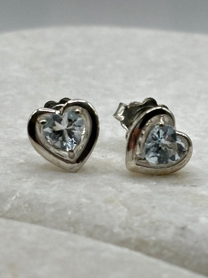 925 Sterling Silver Aquamarine Earrings Heart Studs