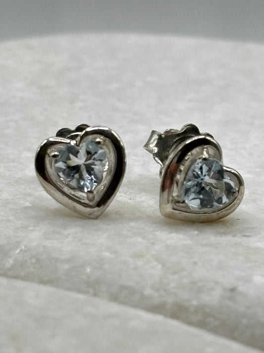 925 Sterling Silver Aquamarine Earrings Heart Studs