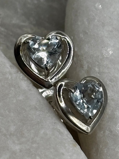 925 Sterling Silver Aquamarine Earrings Heart Studs