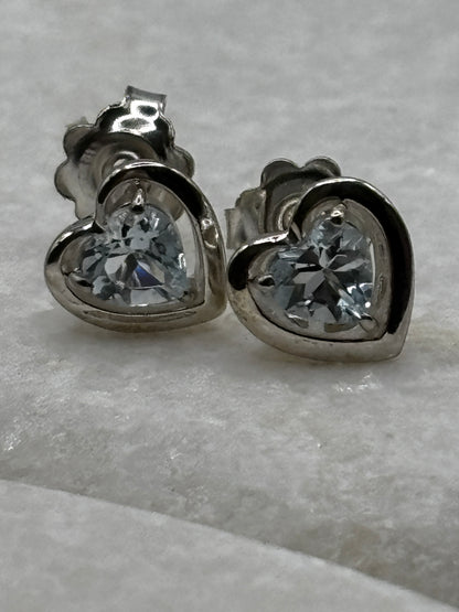 925 Sterling Silver Aquamarine Earrings Heart Studs