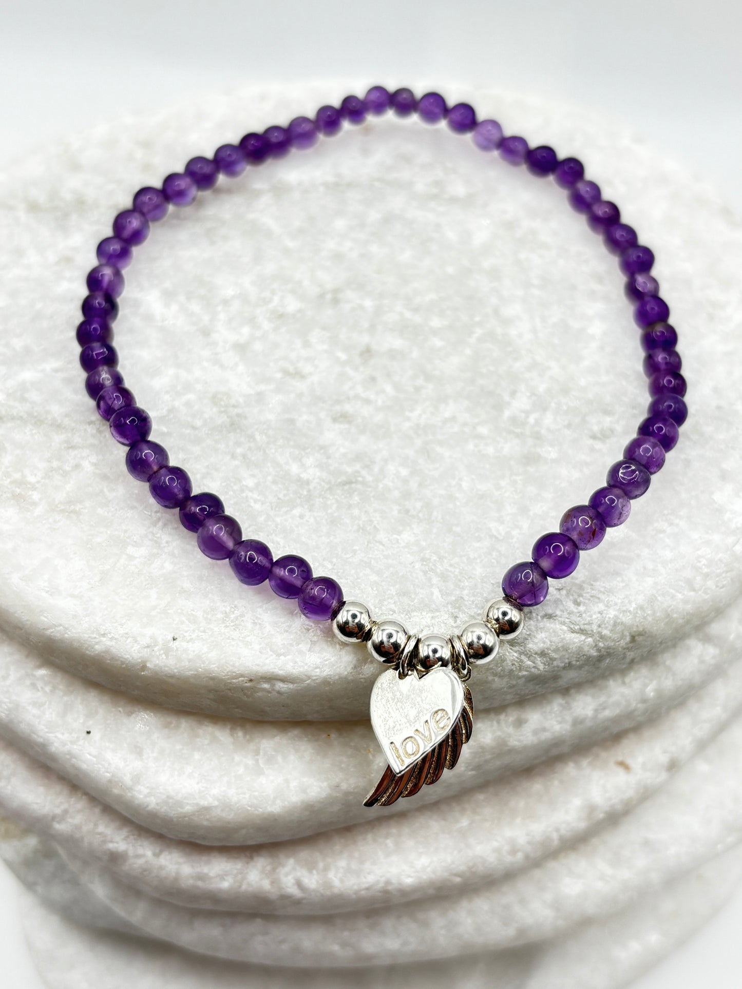925 Sterling Silver Amethyst Angel Wing Heart Bracelet – Symbolic Gemstone Jewellery