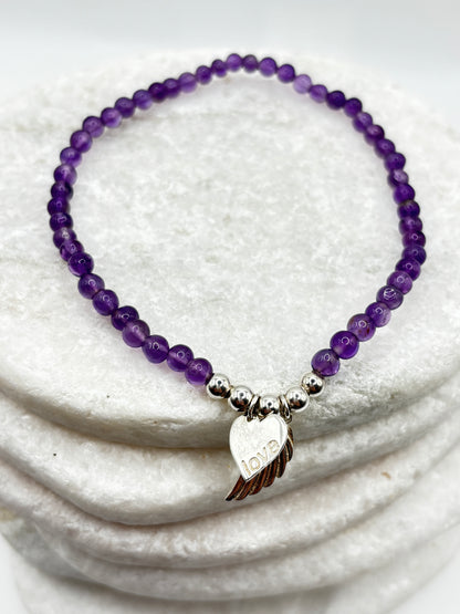 925 Sterling Silver Amethyst Angel Wing Heart Bracelet – Symbolic Gemstone Jewellery