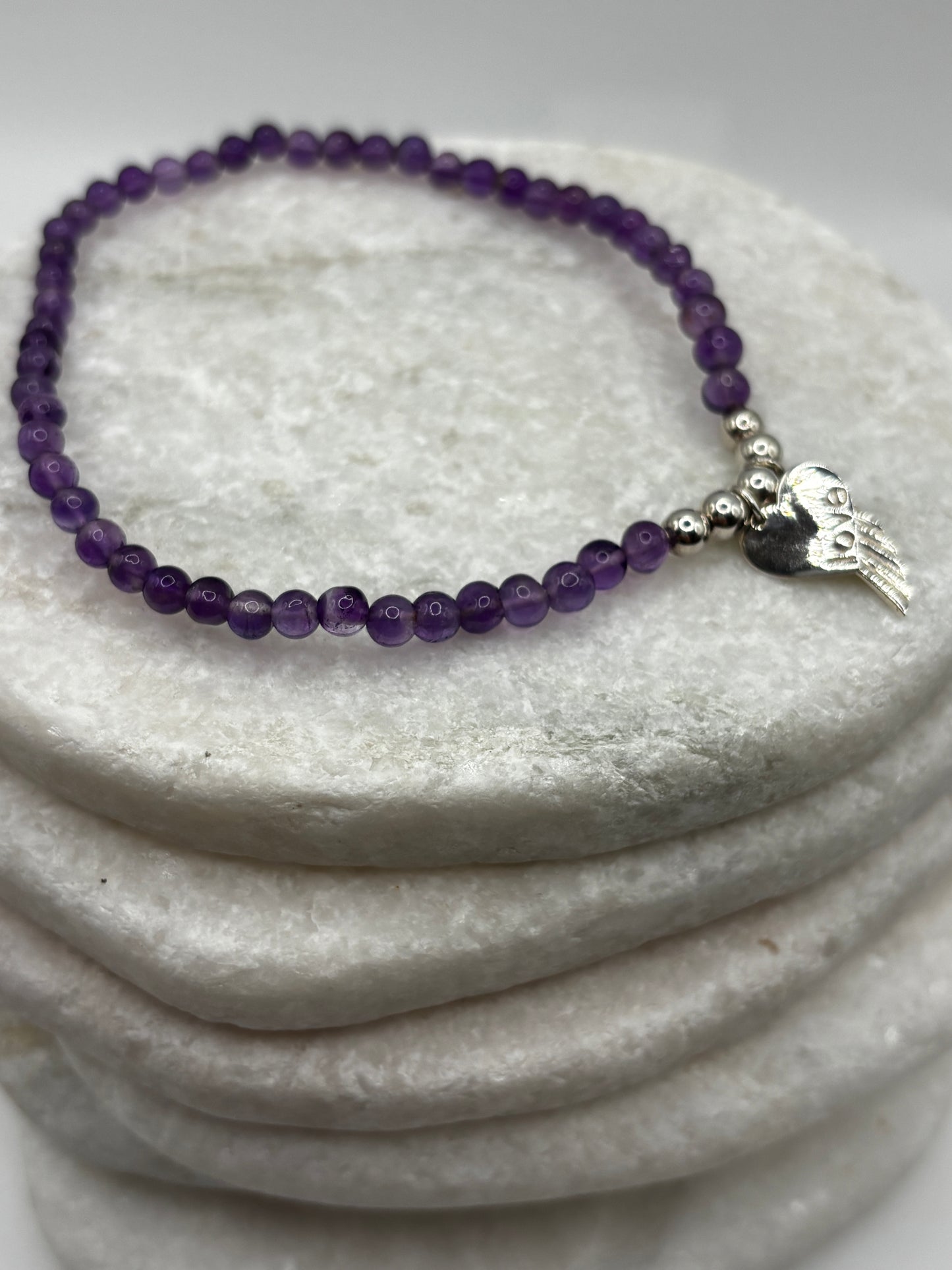 925 Sterling Silver Amethyst Angel Wing Heart Bracelet – Symbolic Gemstone Jewellery